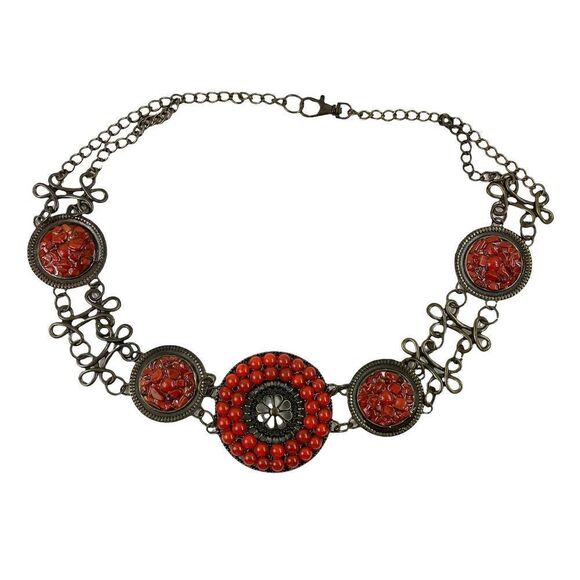 Brass Tone Metal Chain Concho Belt Rust orange Stones Boho Artsy - Picture 1 of 7